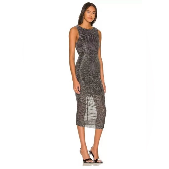 Line and Dot Olivia Pleated Mesh Midi Dress in Charcoal size M - Picture 5 of 8
